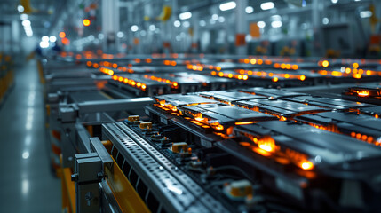 Fototapeta na wymiar A close-up view of a mass production assembly line of electric vehicle battery cells, highlighting the precision and efficiency of modern technology.