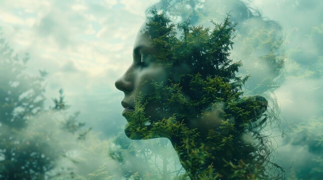 Double exposure man nature, sky, green forest. An enigmatic silhouette with a surreal landscape within, blending reality and imagination.