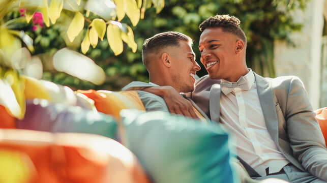 Multiracial men getting married - Happy gay male couple having tender moment together outdoor on colorful sofa - LGBT, love and wedding concept - Models by AI generative