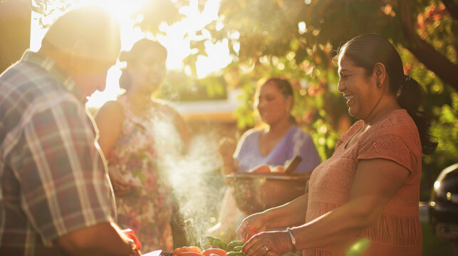 Happy latin family cooking vegetable on barbecue grill outdoor during summer time - Elderly people and young women enjoy day at house backyard - Models by AI generative