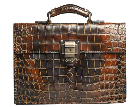 leather briefcase with crocodile skin pattern, cutout, isolated transparent background
