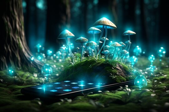 Smartphone with social media icons in vibrant digital forest - seamless connectivity concept