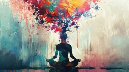 Person Sitting in Meditation with Tree Extending from Head. Self, Reflection, Mindfulness, Mental Health, Illustration, Visualization, Relaxation, Inner Peace, Serenity, Calm
