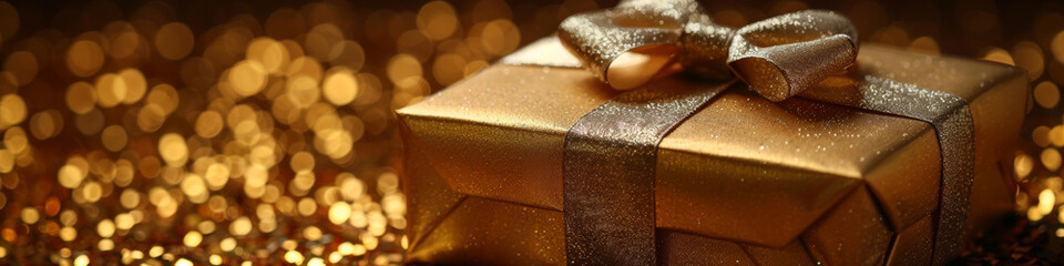 Gift box in gold craft wrapping paper and gold satin ribbon on gold background. - 764204343