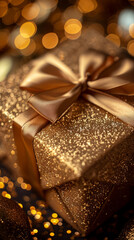 Gift box in gold craft wrapping paper and gold satin ribbon on gold background. - 764204355