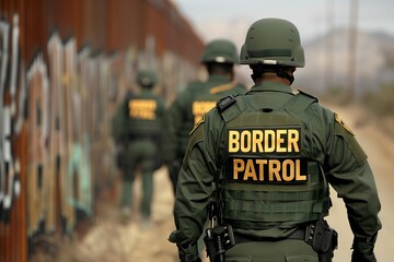 Border patrol officers walking along border