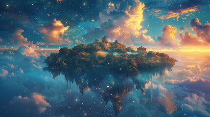 an enchanting realm with a surreal landscape featuring floating islands, colorful clouds, and shimmering stars, evoking the whimsical nature of dreams. - obrazy, fototapety, plakaty