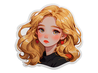 Beautiful cartoon anime girl with golden curly hair sticker with white border