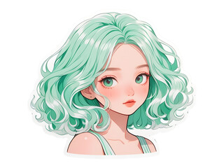 Beautiful cartoon anime girl with mint curly hair and green eyes sticker with white border	
