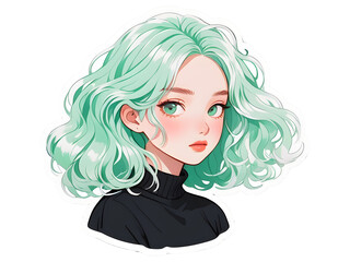 Beautiful cartoon anime girl with mint curly hair and green eyes sticker with white border	
