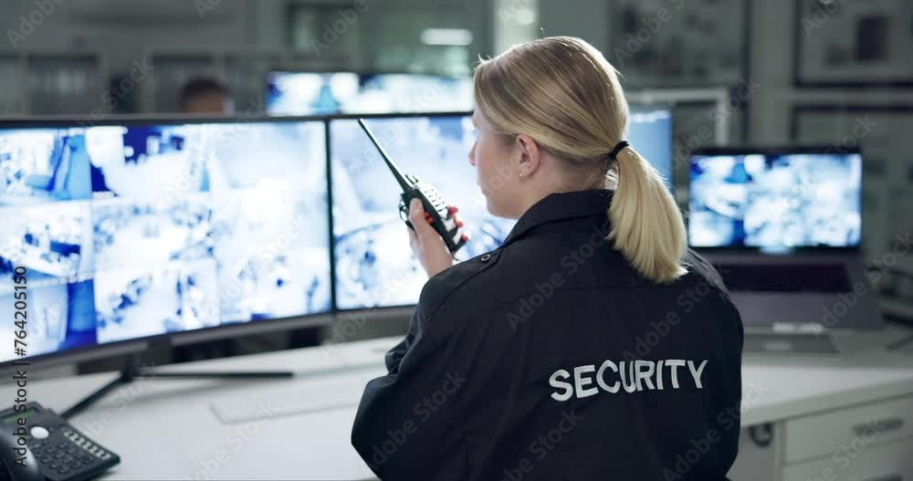 Sticker Woman, security and talking with computer and radio, female person and protection technology in office. Communication, surveillance on monitor for information, screen for safety and walkie talkie