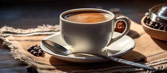 In the image, there is a cup of coffee placed on a saucer, accompanied by a spoon for stirring - obrazy, fototapety, plakaty