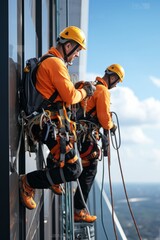 A team of industrial rope access technicians inspecting a high-rise construction site