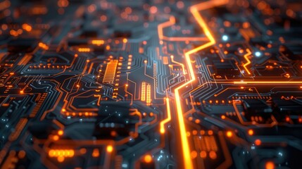 Neon circuitry, glowing lines, dark futuristic tech space