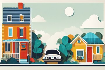 Colagem em papel, ilustração de paisagem urbana com moradias, transporte, casas coloridas e vegetação., gerado com ia - obrazy, fototapety, plakaty
