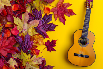 Guitar resting against an autumnal backdrop, blending the worlds of music and nature in a harmonious composition