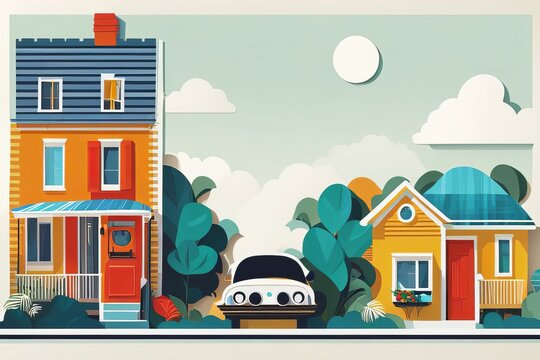 Colagem em papel, ilustração de paisagem urbana com moradias, transporte, casas coloridas e vegetação., gerado com ia