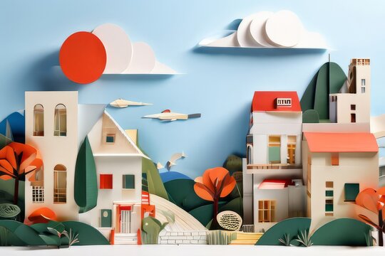 Colagem em papel, ilustração de paisagem urbana com moradias, casas coloridas e vegetação., gerado com ia
