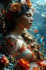 Mulher jovem, grávida, olhos fechados, perfil,  cercada de folhas laranja, fundo azul e luzes, gerado com ia