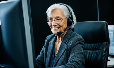 Uma senhora idosa trabalhando com fones de ouvido, informática, video , telemarketing ,home office - obrazy, fototapety, plakaty