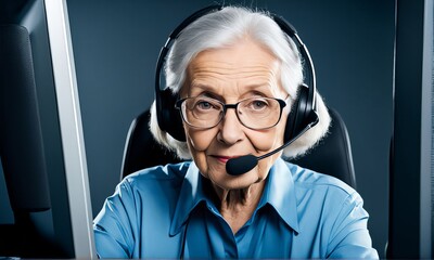 Uma senhora idosa trabalhando com fones de ouvido, informática, video , telemarketing ,home office - obrazy, fototapety, plakaty