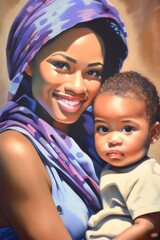Mãe afro com seu bebê no colo, trajes típicos, ilustração gerada com ia