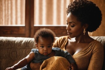 Mãe e filho, afro, sentados, posando para foto