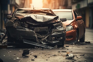 Two vehicles damaged in head-on collision on city street, resulting in car crash with damaged cars - obrazy, fototapety, plakaty