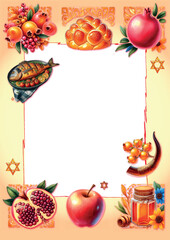 A set of traditional products for the holiday of Rosh Hashanah. vertical book format A4 for congratulations. Fish, pomegranate, apple, challah, honey, shafar, star of David.