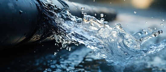 A detailed view of a water pipe with a sudden burst of water creating a splash - obrazy, fototapety, plakaty