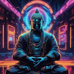 The image  a Buddha in a cyberpunk style, surrounded by neon light that creates the illusion of a seamless fusion between man and machine.