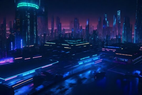 Fototapeta Spectacular nighttime in cyberpunk city of the futuristic fantasy world features skyscrapers, flying cars, and neon lights...