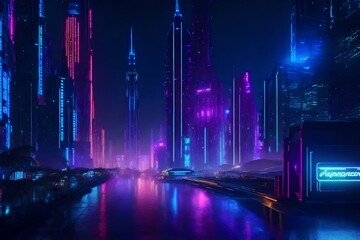 Spectacular nighttime in cyberpunk city of the futuristic fantasy world features skyscrapers, flying cars, and neon lights...