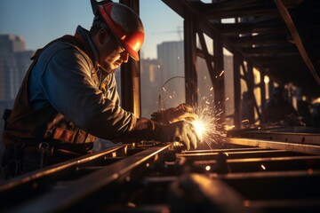 A welder is actively working on a piece of metal, using a welding torch to fuse two metal parts together. Sparks and bright light are visible as the welder skillfully manipulates the torch
