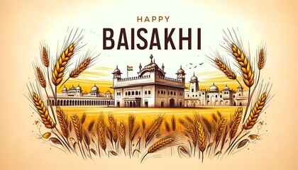 Sketchy style illustration for baisakhi with a field of wheat and temple.

