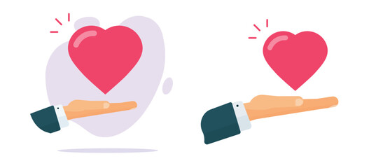 Hand give love heart icon vector graphic, palm taking like donation illustration set, idea of kindness goodness gift, charity support flat cartoon, receiving help present image clip art