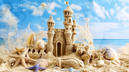  Intricate Sand Castle Surrounded by Seashells on Beach - obrazy, fototapety, plakaty