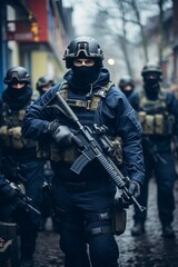Naklejka premium A group of counter-terrorism operatives in military gear are seen walking down a street as part of a joint operation to enhance security and combat threats in the area