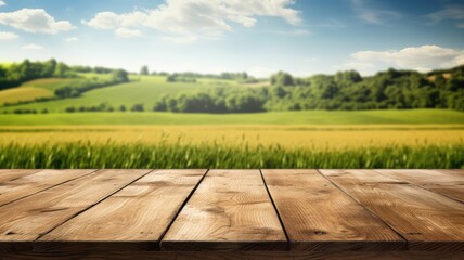 The empty wooden brown table top with blur background of farmland and blue sky. Exuberant image. generative ai - obrazy, fototapety, plakaty