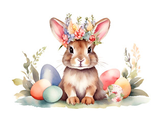 A watercolor cute bunny wearing a floral crown with easter eggs isolated on white background,...