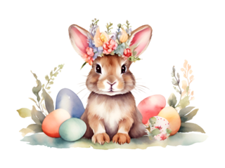 A watercolor cute bunny wearing a floral crown with easter eggs isolated on white background, Easter bunny wearing a flowers crown, watercolor cute rabbit, illustration clip art,6