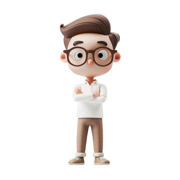 A cartoon boy with glasses and a white shirt is standing with his arms crossed