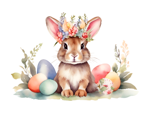 A watercolor cute bunny wearing a floral crown with easter eggs isolated on white background, Easter bunny wearing a flowers crown, watercolor cute rabbit, illustration clip art,6