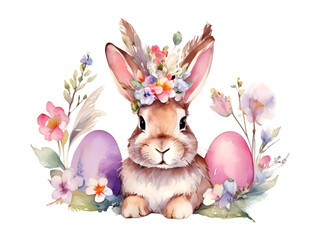 A watercolor cute bunny wearing a floral crown with easter eggs isolated on white background,...