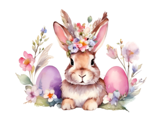 A watercolor cute bunny wearing a floral crown with easter eggs isolated on white background, Easter bunny wearing a flowers crown, watercolor cute rabbit, illustration clip art,7