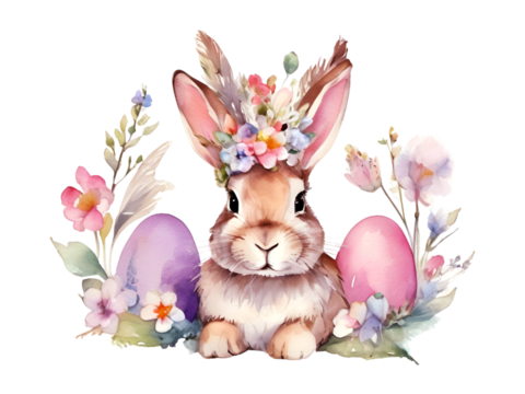 A watercolor cute bunny wearing a floral crown with easter eggs isolated on white background, Easter bunny wearing a flowers crown, watercolor cute rabbit, illustration clip art,7