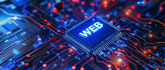 A close-up view with the acronym WEB displayed on a microchip, representing the concept of  the World Wide Web. 
 - obrazy, fototapety, plakaty