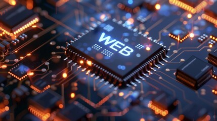 A close-up view with the acronym WEB displayed on a microchip, representing the concept of  the World Wide Web. 
 - obrazy, fototapety, plakaty