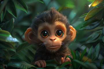 A cute monkey looks out through the leaves of the jungle, 3D cartoon style.