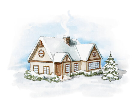 Winter Christmas landscape with country house, snow and trees isolated on white background. Watercolor hand drawn illustration